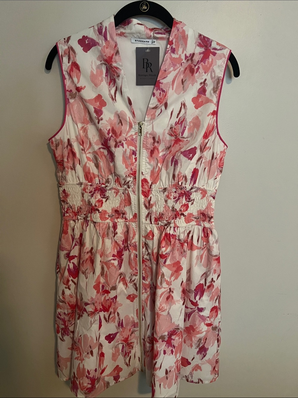 Staccato Floral Smocked Zip Front Mini Dress White Pink Size Medium